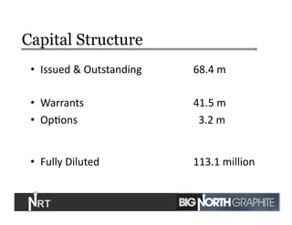 Capital Structure
•  Issued	
  &	
  Outstanding 	
   	
  	
  	
  68.4	
  m	
  
•  Warrants 	
   	
   	
   	
  	
  	
  41.5	
  m 	
  	
  
•  OpJons 	
   	
   	
   	
   	
  	
  	
  	
  	
  3.2	
  m	
  
•  Fully	
  Diluted 	
   	
   	
   	
  	
  	
  113.1	
  million	
  
4	
  
 