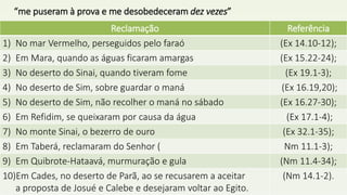 “me puseram à prova e me desobedeceram dez vezes”
16
Reclamação Referência
1) No mar Vermelho, perseguidos pelo faraó (Ex 14.10-12);
2) Em Mara, quando as águas ficaram amargas (Ex 15.22-24);
3) No deserto do Sinai, quando tiveram fome (Ex 19.1-3);
4) No deserto de Sim, sobre guardar o maná (Ex 16.19,20);
5) No deserto de Sim, não recolher o maná no sábado (Ex 16.27-30);
6) Em Refidim, se queixaram por causa da água (Ex 17.1-4);
7) No monte Sinai, o bezerro de ouro (Ex 32.1-35);
8) Em Taberá, reclamaram do Senhor ( Nm 11.1-3);
9) Em Quibrote-Hataavá, murmuração e gula (Nm 11.4-34);
10)Em Cades, no deserto de Parã, ao se recusarem a aceitar
a proposta de Josué e Calebe e desejaram voltar ao Egito.
(Nm 14.1-2).
 