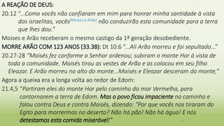 A REAÇÃO DE DEUS:
20.12 “...Como vocês não confiaram em mim para honrar minha santidade à vista
dos israelitas, vocês(Moises e Arão) não conduzirão esta comunidade para a terra
que lhes dou.”
Moises e Arão receberam o mesmo castigo da 1ª geração desobediente.
MORRE ARÃO COM 123 ANOS (33.38): Dt 10.6 “...Ali Arão morreu e foi sepultado...”
20.27-28 “Moisés fez conforme o Senhor ordenou; subiram o monte Hor à vista de
toda a comunidade. Moisés tirou as vestes de Arão e as colocou em seu filho
Eleazar. E Arão morreu no alto do monte...Moisés e Eleazar desceram do monte,”
Agora a queixa era a longa volta ao redor de Edom:
21.4,5 “Partiram eles do monte Hor pelo caminho do mar Vermelho, para
contornarem a terra de Edom. Mas o povo ficou impaciente no caminho e
falou contra Deus e contra Moisés, dizendo: "Por que vocês nos tiraram do
Egito para morrermos no deserto? Não há pão! Não há água! E nós
detestamos esta comida miserável!” 21
 