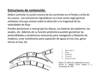 Estructuras de contención.
Deben controlar la acción erosiva de las corrientes en el fondo y orilla de
los cauces.. Las estructuras reguladoras no crean como regla general
embalses sino que actúan sobre la dirección y la magnitud de las
velocidades de flujo.
Pueden pertenecer a este grupo los diques, las baterías de espolones, los
azudes, etc. Además de su función protectora pueden garantizar las
profundidades y condiciones necesarias para navegación y flotación de
maderas, crear condiciones para captación de aguas en los ríos, ganar
tierras al mar, etc.
 
