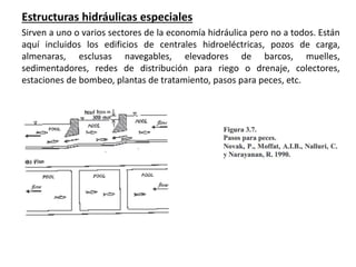 Estructuras hidráulicas especiales
Sirven a uno o varios sectores de la economía hidráulica pero no a todos. Están
aquí incluidos los edificios de centrales hidroeléctricas, pozos de carga,
almenaras, esclusas navegables, elevadores de barcos, muelles,
sedimentadores, redes de distribución para riego o drenaje, colectores,
estaciones de bombeo, plantas de tratamiento, pasos para peces, etc.
c
 