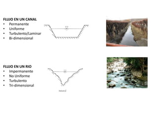 FLUJO EN UN CANAL
• Permanente
• Uniforme
• Turbulento/Laminar
• Bi-dimensional
FLUJO EN UN RIO
• Impermanente
• No Uniforme
• Turbulento
• Tri-dimensional
 