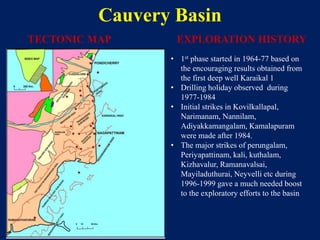 Cauvery Basin
• 1st phase started in 1964-77 based on
the encouraging results obtained from
the first deep well Karaikal 1
• Drilling holiday observed during
1977-1984
• Initial strikes in Kovilkallapal,
Narimanam, Nannilam,
Adiyakkamangalam, Kamalapuram
were made after 1984.
• The major strikes of perungalam,
Periyapattinam, kali, kuthalam,
Kizhavalur, Ramanavalsai,
Mayiladuthurai, Neyvelli etc during
1996-1999 gave a much needed boost
to the exploratory efforts to the basin
TECTONIC MAP EXPLORATION HISTORY
 
