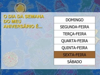 O DIA DA SEMANA DO MEU ANIVERSÁRIO É... SÁBADO SEXTA-FEIRA QUINTA-FEIRA QUARTA-FEIRA TERÇA-FEIRA SEGUNDA-FEIRA DOMINGO 