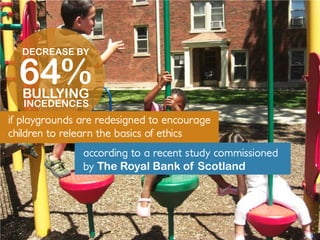 BULLYING
64%
DECREASE BY
INCEDENCES
if playgrounds are redesigned to encourage
children to relearn the basics of ethics
according to a recent study commissioned
by The Royal Bank of Scotland
 
