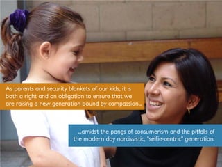 As parents and security blankets of our kids, it is
both a right and an obligation to ensure that we
are raising a new generation bound by compassion...
...amidst the pangs of consumerism and the pitfalls of
the modern day narcissistic, "selfie-centric" generation.
 