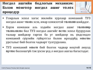 © 2012 Pearson Prentice Hall. All rights reserved. 14-10
Ногдол ашгийн бодлогын механизм:
Бэлэн м нг р ногдол ашиг т л хө өө ө ө
процедур
• Улирлын эсвэл хагас жилийн хурлаар компаний ТУЗ
ногдол ашиг т л х эсэх, ямар хэмжээтэй т л х шийддэг.ө ө ө ө өө
• Хэрэв компани аль хэдийн ногдол ашиг т л х рө ө өө
т л вл с н бол ТУЗ ногдол ашгийг сг х эсвэл бууруулахө ө ө ө ө ө
талаар шийдвэр гаргах ба уг шийдвэр нь ндсэндээү
компаний с лийн г йцэтгэл болон ирээд йд м нг нүү ү ү ө ө
урсгалыг бий болгох чадварт тулгуурлана.
• ТУЗ компаний м нг бий болгох чадвар ноцтой аюулдө ө
рт ж болзошг й гэж зсэн ед л ногдол ашгаа багасгадаг.ө ө ү ү ү
 