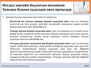 © 2012 Pearson Prentice Hall. All rights reserved. 14-17
Ногдол ашгийн бодлогын механизм:
Хувьцаа буцаан худалдан авах процедур
• Хувьцаа буцаан худалдан авах нийтлэг аргууд нь:
– Нээлттэй зах зээлээс хувьцаа буцаан худалдан авах гэдэг нь компани
нээлттэй зах зээл дээрээс нийтийн эзэмшлийн хувьцааны зарим хэсгийг
буцаан худалдан авах х т лб р юм.ө ө ө
– Тендер зарлан буцаан худалдан авах гэдэг нь компани зах зээлийн нээсү
нд р нээр тодорхой тооны хувьцааг буцаан худалдан авах санал гаргаж,ө ө ү
хувьцаа эзэмшигчид тухайн нээр худалдах эсэхээс шийддэг буцаанү
худалдан авалтын х т лб р юм.ө ө ө
– Голланд дуудлага худалдаагаар буцаан худалдан авах гэдэг нь компани
хэдий хэмжээний хувьцааг, ямар нийн интервалд худалдан авах х сэлтэйү ү
байгаагаа тодорхойлдог буцаан худалдан авах арга юм. Х р нгө ө ө
оруулагчид ямар нээр хэдий хэмжээний хувьцаа худалдахаа тодорхойлдогү
ба компани зорилтот тоо хэмжээний хувьцааг буцаан худалдан авахад
шаардлагатай доод нийг тодорхойлдог. Тендерт оролцож буй б х х р нгү ү ө ө ө
оруулагчид ижил нээр худалддаг.ү
 