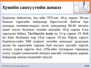 © 2012 Pearson Prentice Hall. All rights reserved. 14-22
Хувийн санх гийн жишээүү
Espinoza Industries, Inc.-ийн ТУЗ-аас 10-р сарын 30-ны
Баасан гарагийн байдлаар б ртгэлтэй байгаа б хү ү
хувьцаа эзэмшигчиддээ нэгж хувьцаанд $0.46 ногдол
ашиг олгох болсноо тухайн жилийн 10-р сарын 4-нд
зарласан байна. Т лб рийн д р нь 11-р сарын 19. Robө ө ө ө
ба Kate Heckman нар 10-р сарын 15-ны П рэв гарагтү
Espinoza-гийн 500 ширхэг энгийн хувьцааг худалдан
авсан ба одоогийн зарлаж буй ногдол ашгийг х ртэхү
эсэхээ, хэрэв х ртэх бол 15%-ийн татварын т вшиндү ү
хэзээ, хэдий хэмжээний ногдол ашгийг татварын дараах
байдлаар авахаа мэдэхийг х ссэн.ү
 
