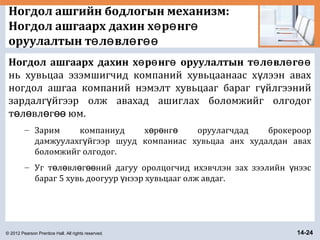 © 2012 Pearson Prentice Hall. All rights reserved. 14-24
Ногдол ашгийн бодлогын механизм:
Ногдол ашгаарх дахин х р нгө ө ө
оруулалтын т л вл гө ө ө өө
Ногдол ашгаарх дахин х р нг оруулалтын т л вл гө ө ө ө ө ө өө
нь хувьцаа эзэмшигчид компаний хувьцаанаас х лээн авахү
ногдол ашгаа компаний нэмэлт хувьцааг бараг г йлгээнийү
зардалг йгээр олж авахад ашиглах боломжийг олгодогү
т л вл г юм.ө ө ө өө
– Зарим компаниуд х р нг оруулагчдад брокероорө ө ө
дамжуулахг йгээр шууд компаниас хувьцаа анх худалдан авахү
боломжийг олгодог.
– Уг т л вл г ний дагуу оролцогчид ихэвчлэн зах зээлийн нээсө ө ө өө ү
бараг 5 хувь доогуур нээр хувьцааг олж авдаг.ү
 