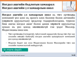 © 2012 Pearson Prentice Hall. All rights reserved. 14-29
Ногдол ашгийн бодлогын хамаарал:
Ногдол ашгийн л хамаарлын онолү
Ногдол ашгийн л хамаарлын онолү нь т гс ерт нц дө ө ө
компаний нэ цэнэ нь орлого олох боломж болон активийнү
(х р нг оруулалтын) эрсдлээр тодорхойлогдоно, т нээсө ө ө үү
биш ашгаа ногдол ашиг болон дахин х р нг оруулалтадө ө ө
хуваах нь нэ цэнэд н л л хг й гэж здэг Миллер,ү ө өө ө ү ү
Модиглианы онол юм.
– Т гс ерт нц д (татварг й, г йлгээний зардалг й, бусад т гс бус захө ө ө ү ү ү ө
зээлийн н хц л байхг й) ногдол ашгийн хуваарилалт компанийө ө ү
нэ цэнэд н л л хг й.ү ө өө ө ү
– Мэдээж бодит зах зээл Модиглиани болон Миллерийн т гс захө
зээлийн таамаглалтай нийцдэгг й.ү
 
