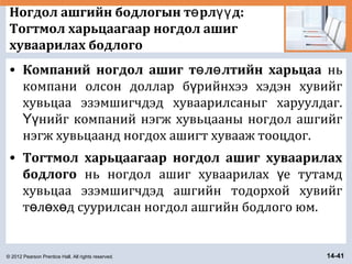 © 2012 Pearson Prentice Hall. All rights reserved. 14-41
Ногдол ашгийн бодлогын т рл д:ө үү
Тогтмол харьцаагаар ногдол ашиг
хуваарилах бодлого
• Компаний ногдол ашиг т л лтийн харьцааө ө нь
компани олсон доллар б рийнхээ хэдэн хувийгү
хувьцаа эзэмшигчдэд хуваарилсаныг харуулдаг.
нийг компаний нэгж хувьцааны ногдол ашгийгҮү
нэгж хувьцаанд ногдох ашигт хувааж тооцдог.
• Тогтмол харьцаагаар ногдол ашиг хуваарилах
бодлого нь ногдол ашиг хуваарилах е тутамдү
хувьцаа эзэмшигчдэд ашгийн тодорхой хувийг
т л х д суурилсан ногдол ашгийн бодлого юм.ө ө ө
 