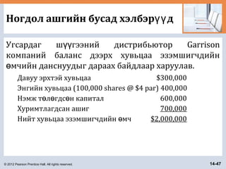 © 2012 Pearson Prentice Hall. All rights reserved. 14-47
Ногдол ашгийн бусад хэлбэр дүү
Угсардаг ш гээний дистрибьютор Garrisonүү
компаний баланс дээрх хувьцаа эзэмшигчдийн
мчийн данснуудыг дараах байдлаар харуулав.ө
Давуу эрхтэй хувьцаа $300,000
Энгийн хувьцаа (100,000 shares @ $4 par) 400,000
Нэмж т л гдс н капиталө ө ө 600,000
Хуримтлагдсан ашиг 700,000
Нийт хувьцаа эзэмшигчдийн мчө $2,000,000
 