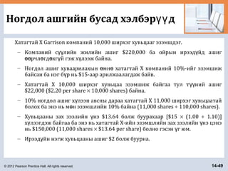 © 2012 Pearson Prentice Hall. All rights reserved. 14-49
Ногдол ашгийн бусад хэлбэр дүү
Хатагтай X Garrison компаний 10,000 ширхэг хувьцааг эзэмшдэг.
– Компаний с лийн жилийн ашиг $220,000 ба ойрын ирээд йд ашигүү ү
рчл гд хг й гэж х лээж байна.өө ө ө ү ү
– Ногдол ашиг хуваарилахын мн хатагтай X компаний 10%-ийг эзэмшижө ө
байсан ба нэг б р нь $15-аар арилжаалагдаж байв.ү
– Хатагтай X 10,000 ширхэг хувьцаа эзэмшиж байгаа тул т ний ашигүү
$22,000 ($2.20 per share × 10,000 shares) байна.
– 10% ногдол ашиг х лээн авсны дараа хатагтай X 11,000 ширхэг хувьцаатайү
болох ба энэ нь м н эзэмшлийн 10% байна (11,000 shares ÷ 110,000 shares).ө
– Хувьцааны зах зээлийн нэ $13.64 болж буурахаар [$15ү × (1.00 ÷ 1.10)]
х лээгдэж байгаа ба энэ нь хатагтай X-ийн эзэмшлийн зах зээлийн нэ цэнэү ү
нь $150,000 (11,000 shares × $13.64 per share) болно гэсэн г юм.ү
– Ирээд йн нэгж хувьцааны ашиг $2 болж буурна.ү
 