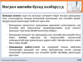 © 2012 Pearson Prentice Hall. All rights reserved. 14-50
Ногдол ашгийн бусад хэлбэр дүү
Хувьцаа хуваах гэдэг нь хувьцаа эзэмшигч б рт ногдох хувьцааныү
тоог нэмэгд лэх замаар компаний хувьцааны зах зээлийн нийгүү ү
бууруулахад ашигладаг нийтлэг арга юм.
– Хувьцааны хуваалтыг хувьцааны арилжааг нэмэгд лэх, захүү
зээлийн йл ажиллагааг идэвхж лэхийн тулд нэмэлтү үү
хувьцааг гаргахын мн ихэвчлэн хийдэг.ө ө
– Хувьцааны хуваалт нь хувьцааны зах зээлийн нэ цэнийг багаү
зэрэг с х д х ргэдэг ба мэдээллийн агуулгатайө ө ө ү
хамааралтайгаар хуваагдлын дараа нийт т лс н ногдол ашигө ө
бага зэрэг сд г.ө ө
– Хувьцааны нийл лэлтүү нь тодорхой тооны нийтийн
эзэмшлийн хувьцааг нэг шинэ хувьцаагаар солих замаар
компаний хувьцааны зах зээлийн нийг сг х д ашигладагү ө ө ө
арга юм.
 