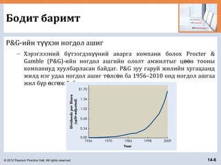 © 2012 Pearson Prentice Hall. All rights reserved. 14-6
Бодит баримт
P&G-ийн т хэн ногдол ашигүү
– Хэрэглээний б тээгдэх ний аварга компани болох Procter &ү үү
Gamble (P&G)-ийн ногдол ашгийн ололт амжилтыг ц н тооныөө
компаниуд хуулбарласан байдаг. P&G зуу гаруй жилийн хугацаанд
жилд нэг удаа ногдол ашиг т лс н ба 1956–2010 онд ногдол ашгааө ө
жил б р сг ж байв.ү ө ө
 