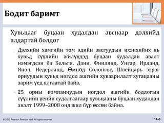 © 2012 Pearson Prentice Hall. All rights reserved. 14-8
Бодит баримт
Хувьцааг буцаан худалдан авснаар дэлхийд
алдартай болдог
– Дэлхийн хамгийн том эдийн засгуудын ихэнхийнх нь
хувьд с лийн жил дэд буцаан худалдан авалтүү үү
нэмэгдсэн ба Бельги, Дани, Финлянд, Унгар, Ирланд,
Япон, Недерланд, мн д Солонгос, Швейцарь зэрэгӨ ө
орнуудын хувьд ногдол ашгийн хуваарилалт хугацааны
зарим ед ялгаатай байв.ү
– 25 орны компаниудын ногдол ашгийн бодлогын
с лийн еийн судалгаагаар хувьцааны буцаан худалданүү ү
авалт 1999–2008 онд жил б р сс н байна.ү ө ө
 