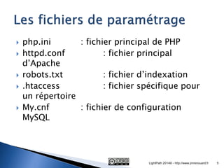 php.ini : fichier principal de PHP 
httpd.conf : fichier principal d’Apache 
robots.txt : fichier d’indexation 
.htaccess : fichier spécifique pour un répertoire 
My.cnf : fichier de configuration MySQL 
LightPath 2014© - http://www.jmrenouard.fr 
5  