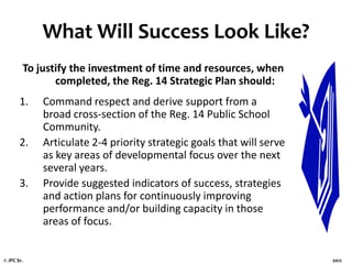 What Will Success Look Like?
        To justify the investment of time and resources, when
               completed, the Reg. 14 Strategic Plan should:
       1.   Command respect and derive support from a
            broad cross-section of the Reg. 14 Public School
            Community.
       2.   Articulate 2-4 priority strategic goals that will serve
            as key areas of developmental focus over the next
            several years.
       3.   Provide suggested indicators of success, strategies
            and action plans for continuously improving
            performance and/or building capacity in those
            areas of focus.


© JPC Sr.                                                             2012
 