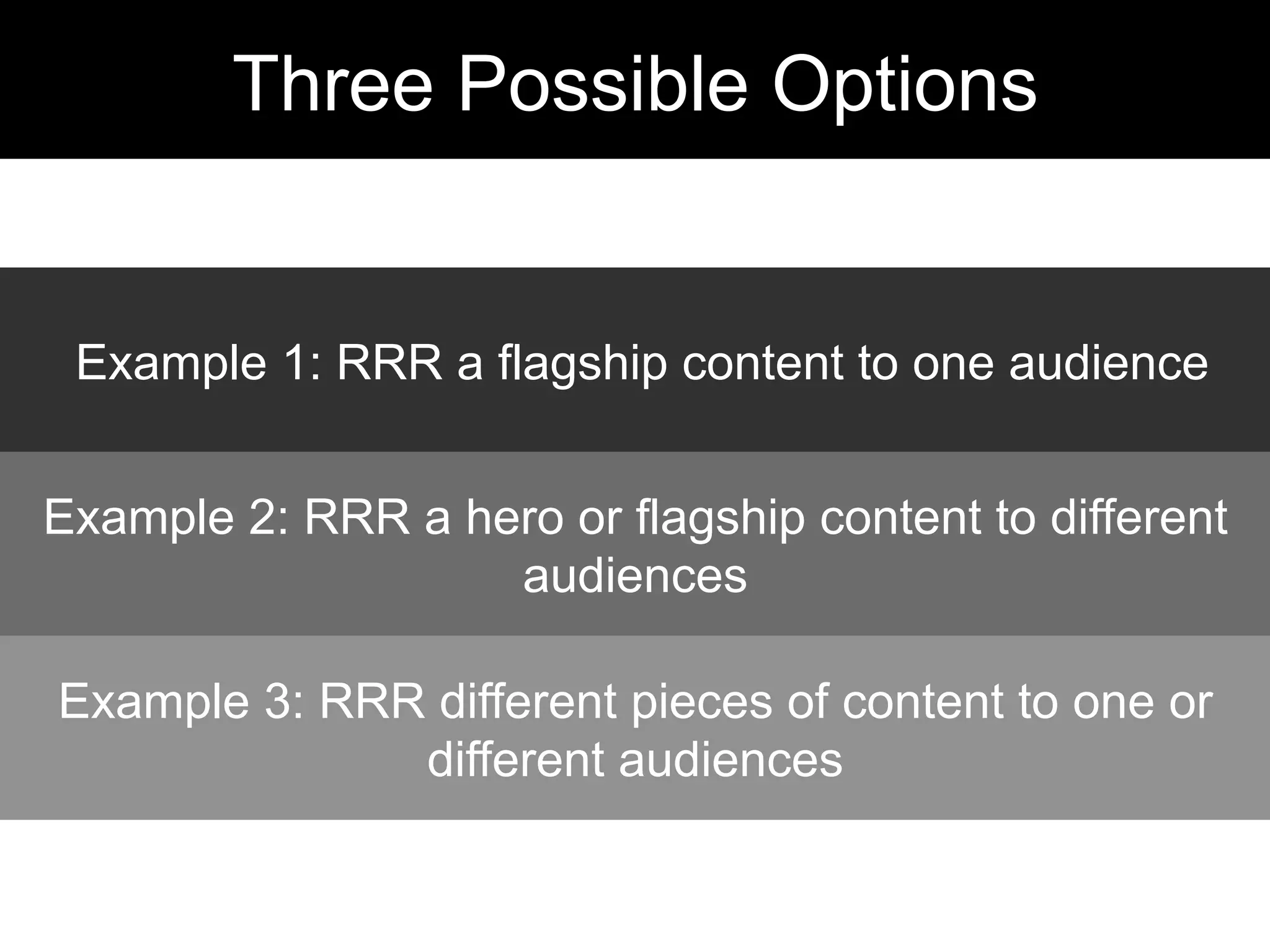 Example 1: RRR a flagship content to one audience
Example 2: RRR a hero or flagship content to different
audiences
Example 3: RRR different pieces of content to one or
different audiences
Three Possible Options
 