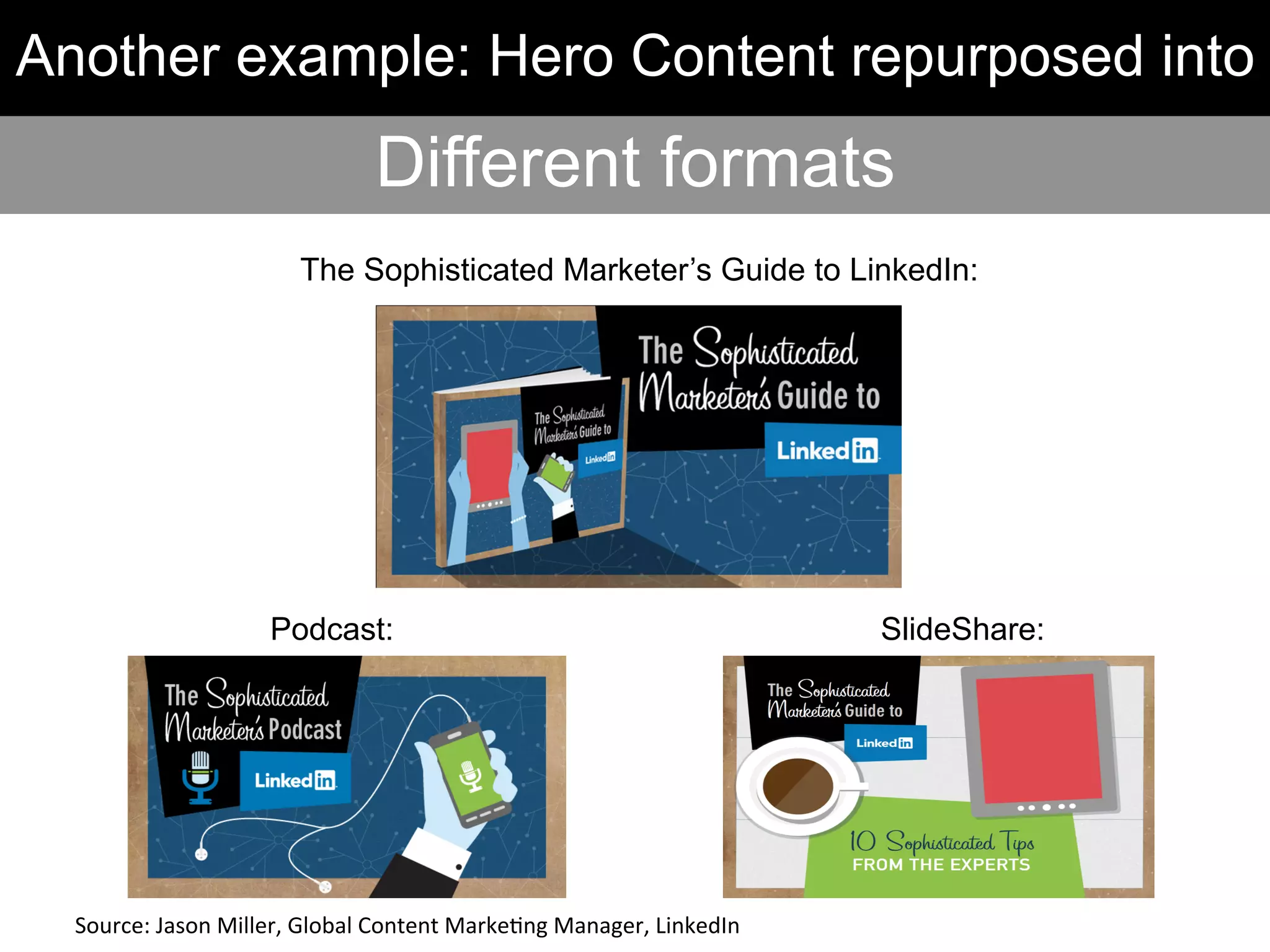 The Sophisticated Marketer’s Guide to LinkedIn:
Podcast: SlideShare:
Another example: Hero Content repurposed into
Different formats
Source:	
  Jason	
  Miller,	
  Global	
  Content	
  Marke-ng	
  Manager,	
  LinkedIn	
  	
  
 