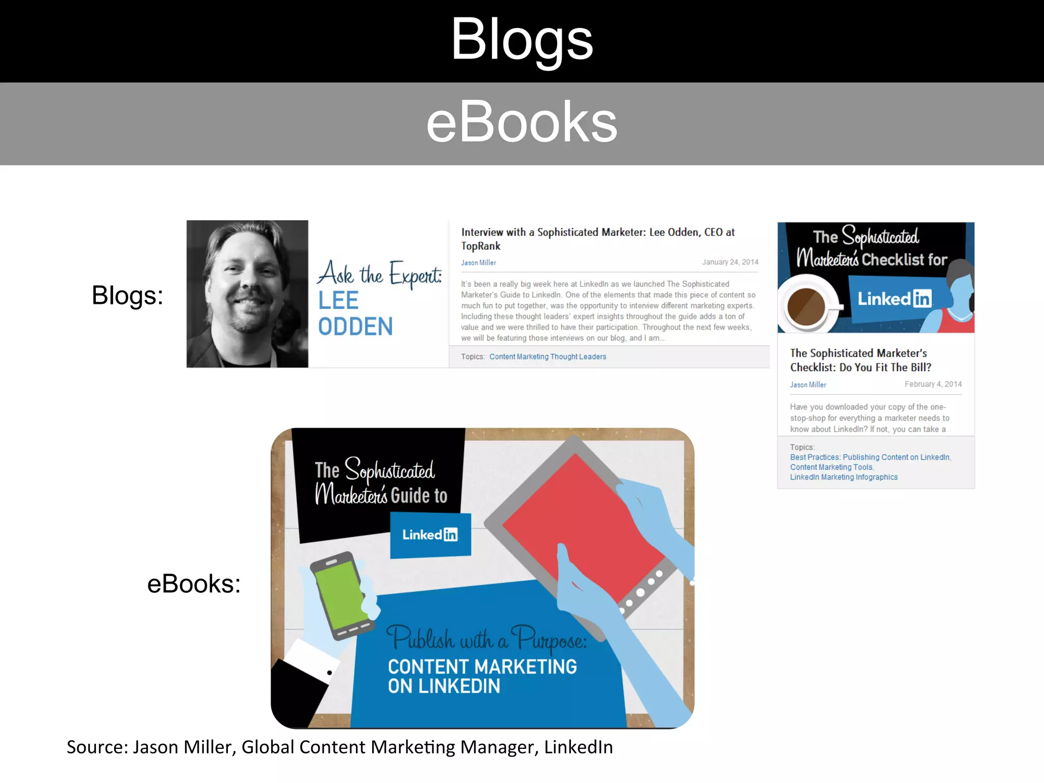 eBooks:
Blogs:
Blogs
eBooks
Source:	
  Jason	
  Miller,	
  Global	
  Content	
  Marke-ng	
  Manager,	
  LinkedIn	
  	
  
 