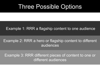 Example 1: RRR a flagship content to one audience
Example 2: RRR a hero or flagship content to different
audiences
Example 3: RRR different pieces of content to one or
different audiences
Three Possible Options
 