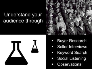 Understand your
audience through
§  Buyer Research
§  Seller Interviews
§  Keyword Search
§  Social Listening
§  Observations
 