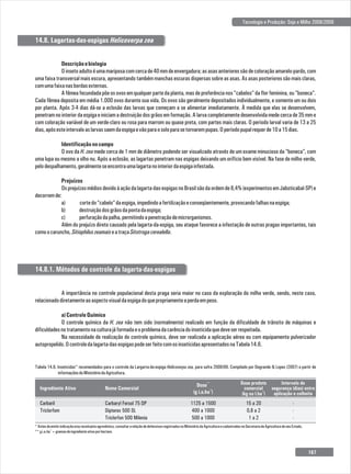 Tecnologia e Produção: Soja e Milho 2008/2009
Descriçãoebiologia
Oinsetoadultoéumamariposacomcercade40mmdeenvergadura;asasasanterioressãodecoloraçãoamarelo-pardo,com
uma faixa transversal mais escura, apresentando também manchas escuras dispersas sobre as asas. As asas posteriores são mais claras,
comumafaixanasbordasexternas.
A fêmea fecundadapõeosovosem qualquerparte daplanta,masde preferência nos"cabelos"daflorfeminina,ou"boneca".
Cada fêmea deposita em média 1.000 ovos durante sua vida. Os ovos são geralmente depositados individualmente, e somente um ou dois
por planta. Após 3-4 dias dá-se a eclosão das larvas que começam a se alimentar imediatamente. À medida que elas se desenvolvem,
penetramnointeriordaespigaeiniciamadestruiçãodosgrãosemformação.Alarvacompletamentedesenvolvidamedecercade35mme
com coloração variável de um verde-claro ou rosa para marrom ou quase preta, com partes mais claras. O período larval varia de 13 a 25
dias,apósesteintervaloaslarvassaemdaespigaevãoparaosoloparasetornarempupas.Operíodopupalrequerde10a15dias.
Identificaçãonocampo
O ovo da H. zea mede cerca de 1 mm de diâmetro podendo ser visualizado através de um exame minucioso da “boneca”, com
uma lupa ou mesmo a olho nu. Após a eclosão, as lagartas penetram nas espigas deixando um orifício bem visível. Na fase de milho verde,
pelodespalhamento,geralmenteseencontraumalagartanointeriordaespigainfestada.
Prejuízos
Osprejuízosmédiosdevidoàaçãodalagarta-das-espigasnoBrasilsãodaordemde8,4%(experimentosemJaboticabal-SP)e
decorremde:
a) cortedo“cabelo”daespiga,impedindoafertilizaçãoeconseqüentemente,provocandofalhasnaespiga;
b) destruiçãodosgrãosdapontadaespiga;
c) perfuraçãodapalha,permitindoapenetraçãodemicrorganismos.
Além do prejuízo direto causado pela lagarta-da-espiga, seu ataque favorece a infestação de outras pragas importantes, tais
comoocaruncho,SitiophiluszeamaiseatraçaSitotrogacerealella.
14.8. Lagartas-das-espigas Helicoverpa zea
A importância no controle populacional desta praga seria maior no caso da exploração do milho verde, sendo, neste caso,
relacionadodiretamenteaoaspectovisualdaespigadoquepropriamenteaperdaempeso.
a)ControleQuímico
O controle químico da H. zea não tem sido (normalmente) realizado em função da dificuldade de trânsito de máquinas e
dificuldadesnotratamentonaculturajáformadaeoproblemadacarênciadoinseticidaquedeveserrespeitada.
Na necessidade de realização do controle químico, deve ser realizada a aplicação aérea ou com equipamento pulverizador
autopropelido.Ocontroledalagarta-das-espigaspodeserfeitocomosinseticidasapresentadosnaTabela14.6.
14.8.1. Métodos de controle da lagarta-das-espigas
Ingrediente Ativo
**
Dose
-1
(g i.a.ha )
Nome Comercial
Dose produto
comercial
-1
(kg ou l.ha )
Intervalo de
segurança (dias) entre
aplicação e colheita
Carbaryl Fersol 75 DP
Dipterex 500 SL
Triclorfon 500 Milenia
15 a 20
0,8 a 2
1 a 2
-
-
-
Carbaril
Triclorfom
1125 a 1500
400 a 1000
500 a 1000
Tabela 14.6. , para safra 2008/09
Inseticidas* recomendados para o controle da Largarta-da-espiga Helicoverpa zea . Compilado por Degrande & Lopes (2007) a partir de
informaçõesdoMinistériodaAgricultura.
*Antesdeemitirindicaçãoe/oureceituárioagronômico,consultararelaçãodedefensivosregistradosnoMinistériodaAgriculturaecadastradosnaSecretariadeAgriculturadeseuEstado.
-1
**gi.a.ha =gramasdeingredienteativoporhectare.
167
 