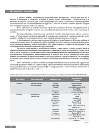 Tecnologia e Produção: Soja e Milho 2008/2009
A agricultura moderna é baseada na maciça utilização de insumos onde agricultores e técnicos muitas vezes não se
preocupam ou desconhecem as conseqüências do emprego de produtos agrícolas. Constantemente a facilidade da utilização de
determinada tecnologia para o controle de pragas se torna tão freqüente que outros métodos são esquecidos ou simplesmente ignorados,
em conseqüência disto toda comunidade produtora de uma região passa a lançar mão de uma única ferramenta que muitas vezes pode
trazerconseqüênciasindesejáveisdevidoaousoexagerado.
Dentre estes insumos, os inseticidas caracterizam-se praticamente como a única ferramenta utilizada para o controle de
pragas da cultura do milho, abrangendo basicamente duas modalidades de aplicação, tratamento de sementes ou sulco e pulverizações de
parteaérea.
Como conseqüências dos malefícios que o uso exacerbado de inseticidas químicos possa causar podem-se mencionar a
mudança de 'status' de pragas secundárias para a condição de pragas primárias, ressurgências de pragas após as aplicações, efeitos
prejudiciaisàsaúdehumana,comoresíduosnosalimentos,águaesoloeaindaseleçãodeinsetoseácarosresistentes.
A resistência de insetos ou ácaros pragas nas culturas agrícolas tem se tornado freqüente em várias regiões produtoras do
mundo e nas mais diversas culturas. As conseqüências imediatas desta seleção de indivíduos resistentes a um determinado grupo químico
passam primeiramente pelo aumento das doses dos ingredientes ativos seguida pelo aumento na freqüência de aplicações e por fim pela
necessidadedesubstituiçãodoproduto,encarecendooscustosdeprodução.
Na cultura do milho a lagarta-do-cartucho (Spodoptera frugiperda) é a praga que sofre as maiores pressões de seleção de
indivíduosresistentes,devidoprincipalmenteao número de aplicaçõesa qualé submetidaao longodassafras.NoBrasilo primeiro casode
falhas no controle da lagarta-do-cartucho do milho ocorreu na safra 93/94 para o uso de inseticidas piretróides e organofosforados. Mais
recentemente tem-se observado a campo tendências na necessidade de aumento de doses de alguns carbamatos. Em algumas regiões
produtoras que cultivam milho verão e safrinha (geralmente sob pivô), ou seja, pulverizam a praga praticamente o ano todo, outros grupos
de inseticidas, como os inibidores da síntese de quitina, já mostram a necessidade do aumento do número de aplicações e de dosagens por
hectare.
Dentre asferramentas para se evitar ou retardar o máximo possívela seleçãode indivíduosresistentesde S. frugiperdaestão
arealizaçãodeaplicaçõesnosestádiosmaissuscetíveisdapraga(lagartasrecémeclodidas),utilizaçãodeboatecnologiadeaplicaçãonos
horários apropriados, conhecer se há casos de resistência na região e a quais grupos químicos e rotacionar inseticidascom mecanismos de
açãodiferentescomopodeserobservadonaTabela14.7.
14.9. Resistência a inseticidas
Tabela14.7. FUNDAÇÃOMS,2008.
Gruposquímicosemecanismosdeaçãodosprincipaisingredientesativosregistradosparaocontroledepragasnaculturadomilho.
Grupo Químico Mecanismo de Ação Ingredientes Ativos Algumas Marcas
Comerciais
Continua...
Metomil
Carbofurano
Tiodicarbe
Furatiocarbe
Carbaril
Lambdacialotrina
Permetrina
Bifentrina
Alfa-cipermetrina
Beta-ciflutrina
Ciflutrina
Cipermetrina
Deltametrina
Etofenproxi
Fenpropatrina
Gama-cialotrina
Zeta-cipermetrina
Lannate, Methomex
Furadan, Furazin
Larvin 800 WG, Semevin 350 SC,
Futur 300 SC
Promet 400 CS
Carbaryl Fersol 75 DP
Karate Zeon
Pounce
Capture 120 FS
Fastac 100 CE
Bulldock 125 SC
Baytroid 50 CE
Cyptrin 250 CE, Arrivo 250 CE,
Galgotrin 250 CE
Decis Ultra 100 CE, Decis 25 CE
Safety 300 CE, Trebon 100 CS
Danimen 300 CE
Nexide 150 SC, Stallion 60 SC,
Stallion 150 SC
Fury 180 EW, Fury 200 EW,
Fury 400 EC
Inibidores da enzima
acetilcolinesterase
Moduladores de
canais de sódio
Carbamatos
Piretróides
168
 