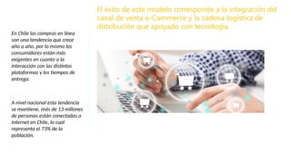El éxito de este modelo corresponde a la integración del
canal de venta e-Commerce y la cadena logística de
distribución que apoyado con tecnología.
En Chile las compras en línea
son una tendencia que crece
año a año, por lo mismo los
consumidores están más
exigentes en cuanto a la
interacción con las distintas
plataformas y los tiempos de
entrega.
A nivel nacional esta tendencia
se mantiene, más de 13 millones
de personas están conectadas a
Internet en Chile, lo cual
representa el 73% de la
población.
 