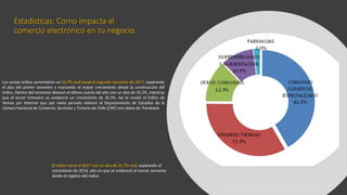 Estadísticas: Como impacta el
comercio electrónico en tu negocio.
Las ventas online aumentaron un 32,9% real anual el segundo semestre de 2017, superando
el alza del primer semestre y marcando el mayor crecimiento desde la construcción del
índice. Dentro del semestre destacó el último cuarto del año con un alza de 35,2%, mientras
que el tercer trimestre se evidenció un crecimiento de 30,3%. Así lo reveló el Índice de
Ventas por Internet que por sexto período elaboró el Departamento de Estudios de la
Cámara Nacional de Comercio, Servicios y Turismo de Chile (CNC) con datos de Transbank..
El índice cerró el 2017 con un alza de 31,7% real, superando el
crecimiento de 2016, año en que se evidenció el menor aumento
desde el registro del índice.
 
