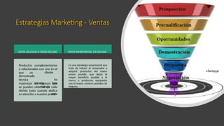 Estrategias Marketing - Ventas
VENTA CRUZADA O CROSS-SELLING
Productos complementarios
o relacionados con uno en el
que un
demostrado
técnica
cliente
ha
interés. Esta
trabaja
para
maximizar los ingresos que
se pueden obtener de cada
cliente justo cuando dedica
su atención a nuestro portal.
VENTA INCREMENTAL (UP-SELLING
Es una estrategia empresarial que
trata de inducir al comprador a
adquirir productos del mayor
precio posible, que dejan el
mayor beneficio posible a la
marca o productos equipados
con el mayor número posibles de
mejoras.
 