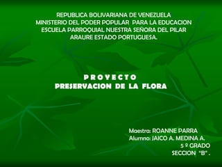 REPUBLICA BOLIVARIANA DE VENEZUELA MINISTERIO DEL PODER POPULAR  PARA LA EDUCACION ESCUELA PARROQUIAL NUESTRA SEÑORA DEL PILAR ARAURE ESTADO PORTUGUESA. P R O Y E C T O  PRESERVACION  DE  LA  FLORA Maestra: ROANNE PARRA Alumno: JAICO A. MEDINA A. 5 º GRADO SECCION  “B” . 