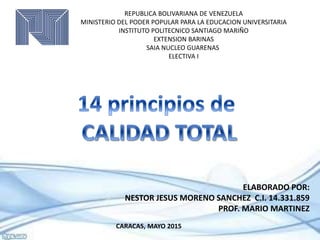 REPUBLICA BOLIVARIANA DE VENEZUELA
MINISTERIO DEL PODER POPULAR PARA LA EDUCACION UNIVERSITARIA
INSTITUTO POLITECNICO SANTIAGO MARIÑO
EXTENSION BARINAS
SAIA NUCLEO GUARENAS
ELECTIVA I
ELABORADO POR:
NESTOR JESUS MORENO SANCHEZ C.I. 14.331.859
PROF. MARIO MARTINEZ
CARACAS, MAYO 2015
 