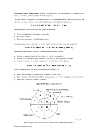 Exemplos de metas para melhorar: Reduzir o desperdício em 100 unidades para 90 unidades em um
mês ou Aumentar a produtividade em 15% até dezembro.
De modo a atingir novas metas ou novos resultados, a "maneira de trabalhar" deve ser modificada; por
exemplo, uma ação possível seria modificar os Procedimentos Operacionais Padrão.
Passo 2: EXECUTAR O PLANO (DO)
Neste passo pode ser abordado em três pontos importantes:
a. Treinar no trabalho o método a ser empregado;
b. Executar o método;
c. Coletar os dados para verificação do processo;
Neste passo devem ser executadas as tarefas exatamente como estão previstas nos planos.
Passo 3: VERIFICAR OS RESULTADOS (CHECK)
Neste passo, verificamos o processo e avaliamos os resultados obtidos:
a. Verificar se o trabalho está sendo realizado de acordo com o padrão;
b. Verificar se os valores medidos variaram, e comparar os resultados com o padrão;
c. Verificar se os itens de controle correspondem com os valores dos objetivos.
Passo 4: FAZER AÇÕES CORRETIVAS (ACT)
Tomar ações baseadas nos resultados apresentados no passo 3;
a. Se o trabalho desviar do padrão, tomar ações para corrigir estes;
b. Se um resultado estiver fora do padrão,investigar as causas e tomar ações para prevenir e corrigi-lo;
c. Melhorar o sistema de trabalho e o método.
Ciclo PDCA para melhorias:
<="" p=""
style="height: auto; max-width: 100%; vertical-align: middle; border: 0px;">
É necessário lembrar que:
 