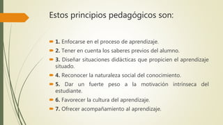 Estos principios pedagógicos son:
 1. Enfocarse en el proceso de aprendizaje.
 2. Tener en cuenta los saberes previos del alumno.
 3. Diseñar situaciones didácticas que propicien el aprendizaje
situado.
 4. Reconocer la naturaleza social del conocimiento.
 5. Dar un fuerte peso a la motivación intrínseca del
estudiante.
 6. Favorecer la cultura del aprendizaje.
 7. Ofrecer acompañamiento al aprendizaje.
 