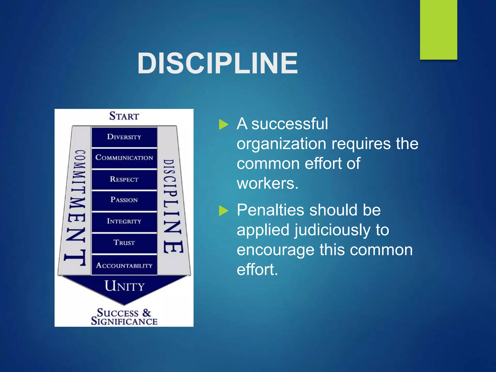 DISCIPLINE
 A successful
organization requires the
common effort of
workers.
 Penalties should be
applied judiciously to
encourage this common
effort.
 