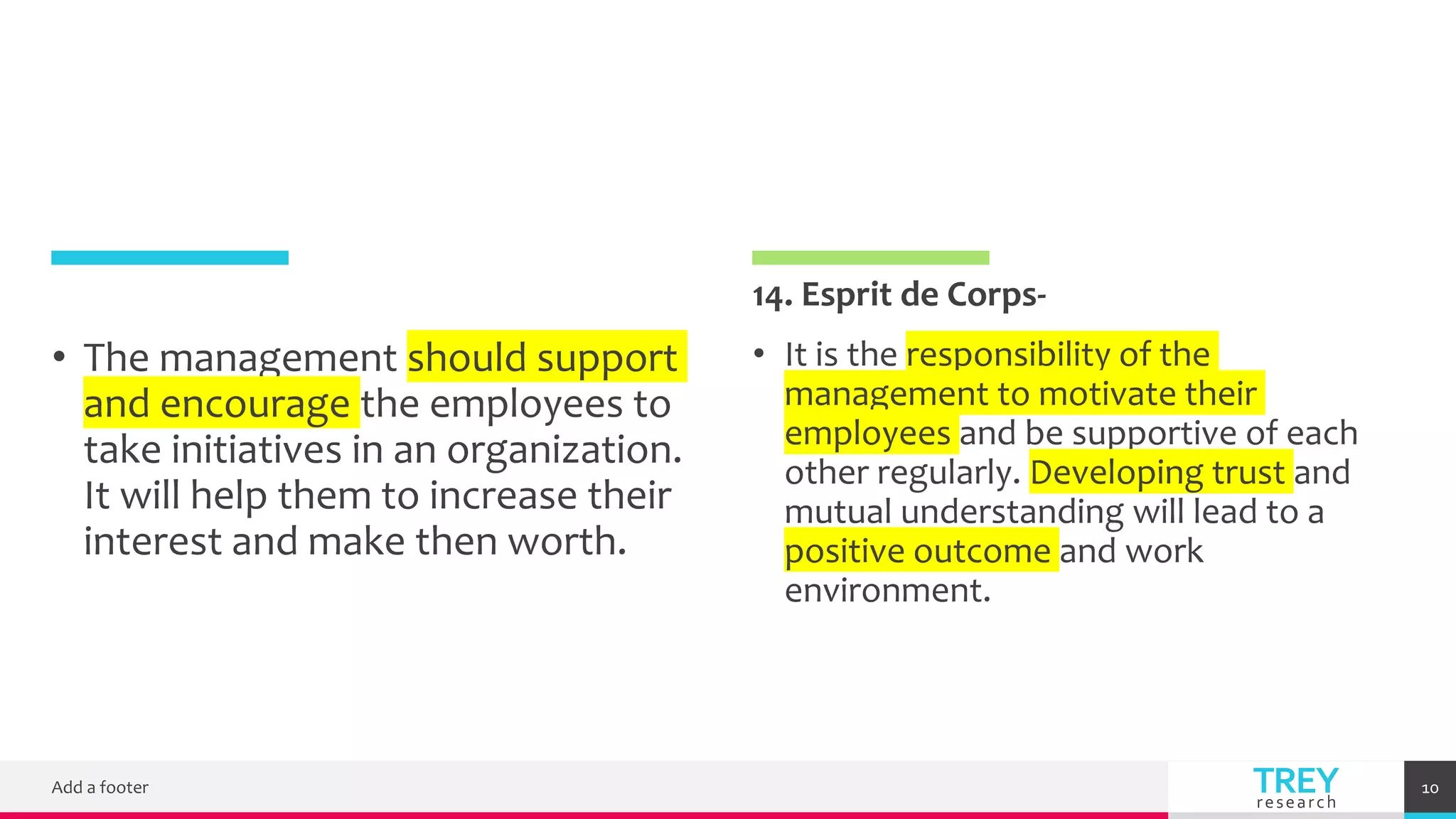 TREY
research
• The management should support
and encourage the employees to
take initiatives in an organization.
It will help them to increase their
interest and make then worth.
14. Esprit de Corps-
• It is the responsibility of the
management to motivate their
employees and be supportive of each
other regularly. Developing trust and
mutual understanding will lead to a
positive outcome and work
environment.
Add a footer 10
 