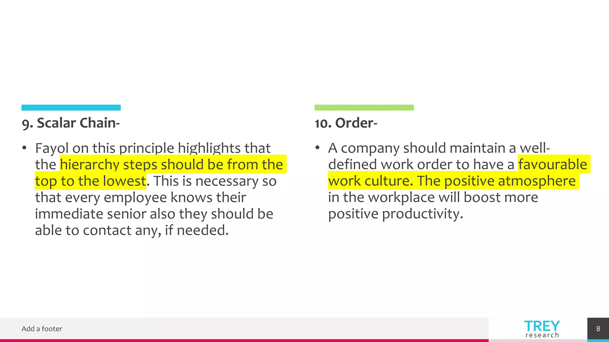 TREY
research
9. Scalar Chain-
• Fayol on this principle highlights that
the hierarchy steps should be from the
top to the lowest. This is necessary so
that every employee knows their
immediate senior also they should be
able to contact any, if needed.
10. Order-
• A company should maintain a well-
defined work order to have a favourable
work culture. The positive atmosphere
in the workplace will boost more
positive productivity.
Add a footer 8
 