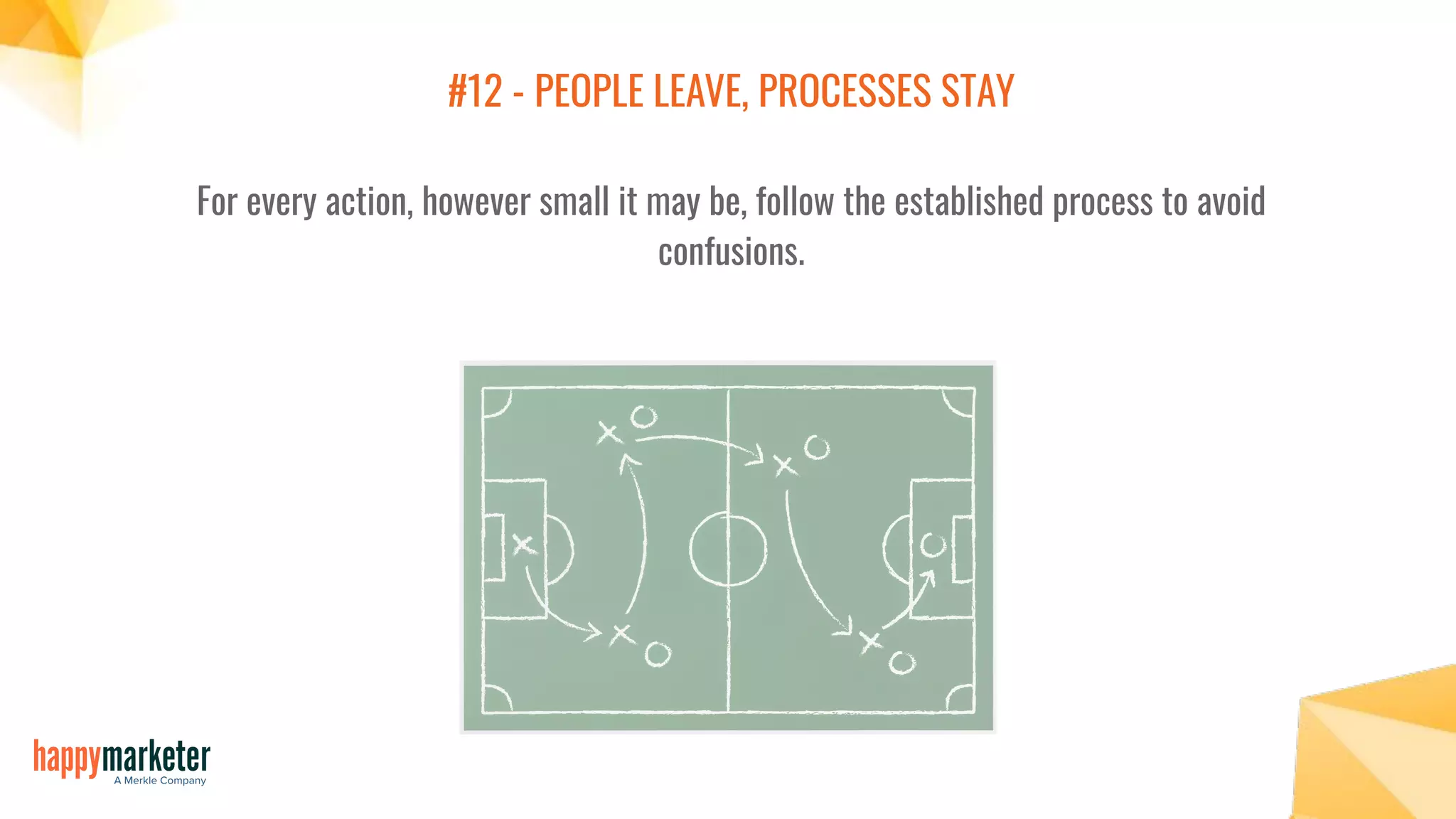 #12 - PEOPLE LEAVE, PROCESSES STAY
For every action, however small it may be, follow the established process to avoid
confusions.
 