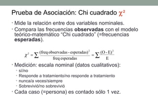 Prueba de Asociación: Chi cuadrado χ 2
• Mide la relación entre dos variables nominales.
• Compara las frecuencias observadas con el modelo
 teórico-matemático “Chi cuadrado” (=frecuencias
 esperadas).

             (freq observadas - esperadas) 2    (O - E) 2
      χ2 = ∑                                 =∑
                     freq esperadas                E
• Medición: escala nominal (datos cualitativos):
  • sí/no
  • Responde a tratamiento/no responde a tratamiento
  • nunca/a veces/siempre
  • Sobrevivió/no sobrevivió
• Cada caso (=persona) es contado sólo 1 vez.
 