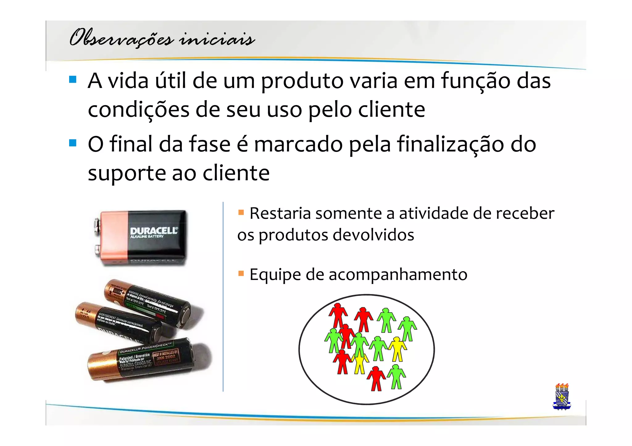 Observações iniciais
  A vida útil de um produto varia em função das
  condições de seu uso pelo cliente
  O final da fase é marcado pela finalização do
  suporte ao cliente
                   Restaria somente a atividade de receber
                  os produtos devolvidos

                   Equipe de acompanhamento
 