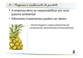3 – Preparar o recebimento do produto
  A empresa deve se responsabilizar por esse
  passivo ambiental
  Diferentes tratamentos podem ser dados
                Desmontagem e reaproveitamento de
               componentes desmontados (remanufatura)
 