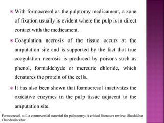  With formocresol as the pulptomy medicament, a zone
of fixation usually is evident where the pulp is in direct
contact with the medicament.
 Coagulation necrosis of the tissue occurs at the
amputation site and is supported by the fact that true
coagulation necrosis is produced by poisons such as
phenol, formaldehyde or mercuric chloride, which
denatures the protein of the cells.
 It has also been shown that formocresol inactivates the
oxidative enzymes in the pulp tissue adjacent to the
amputation site.
Formocresol, still a controversial material for pulpotomy: A critical literature review; Shashidhar
Chandrashekhar.
 