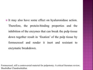  It may also have some effect on hyaluronidase action.
Therefore, the protein-binding properties and the
inhibition of the enzymes that can break the pulp tissue
down together result in ‘fixation’ of the pulp tissue by
formocresol and render it inert and resistant to
enzymatic breakdown.
Formocresol, still a controversial material for pulpotomy: A critical literature review;
Shashidhar Chandrashekhar.
 