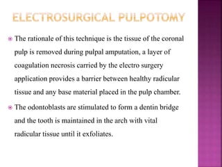  The rationale of this technique is the tissue of the coronal
pulp is removed during pulpal amputation, a layer of
coagulation necrosis carried by the electro surgery
application provides a barrier between healthy radicular
tissue and any base material placed in the pulp chamber.
 The odontoblasts are stimulated to form a dentin bridge
and the tooth is maintained in the arch with vital
radicular tissue until it exfoliates.
 