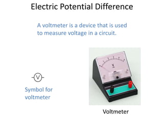 Electric Potential Difference
    A voltmeter is a device that is used
    to measure voltage in a circuit.




Symbol for
voltmeter

                              Voltmeter
 