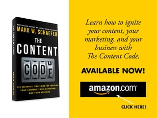 Learn how to ignite
your content, your
marketing, and your
business with
The Content Code.
AVAILABLE NOW!
CLICK HERE!
 