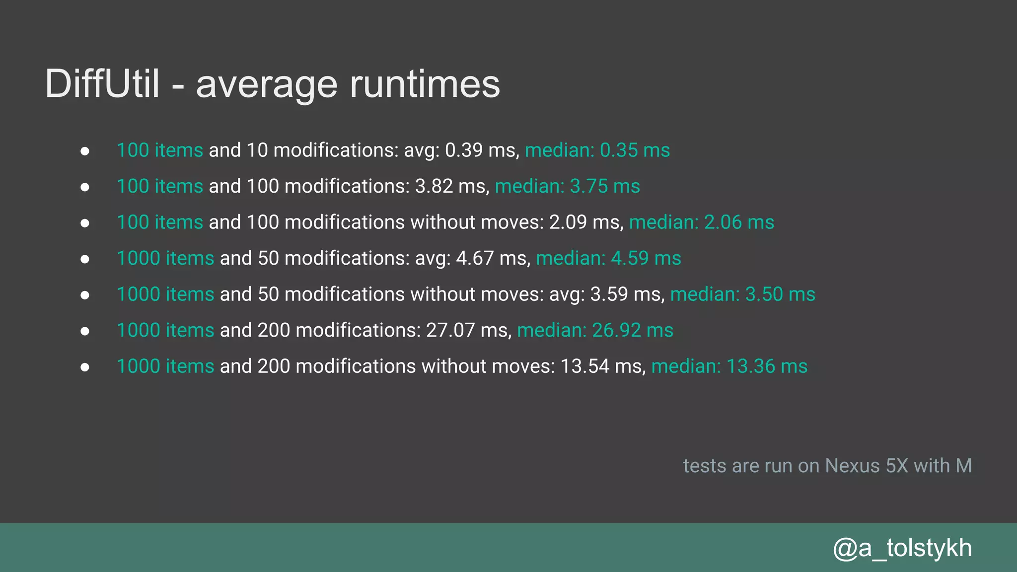 DiffUtil - average runtimes
● 100 items and 10 modifications: avg: 0.39 ms, median: 0.35 ms
● 100 items and 100 modifications: 3.82 ms, median: 3.75 ms
● 100 items and 100 modifications without moves: 2.09 ms, median: 2.06 ms
● 1000 items and 50 modifications: avg: 4.67 ms, median: 4.59 ms
● 1000 items and 50 modifications without moves: avg: 3.59 ms, median: 3.50 ms
● 1000 items and 200 modifications: 27.07 ms, median: 26.92 ms
● 1000 items and 200 modifications without moves: 13.54 ms, median: 13.36 ms
tests are run on Nexus 5X with M
@a_tolstykh
 